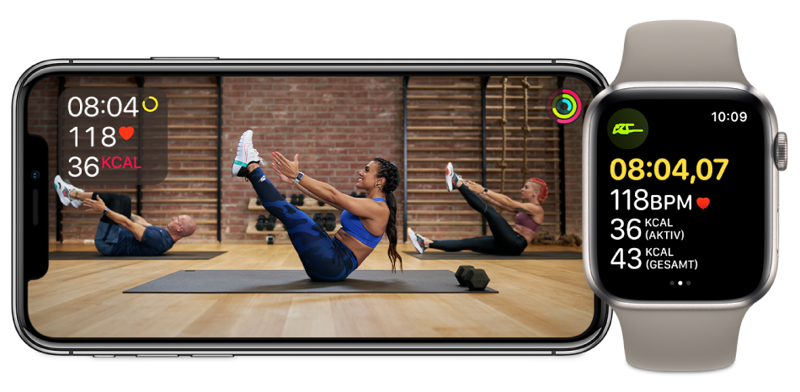 iPhone mit Trainingsvideo und Apple Watch mit entsprechenden Gesundheitsdaten